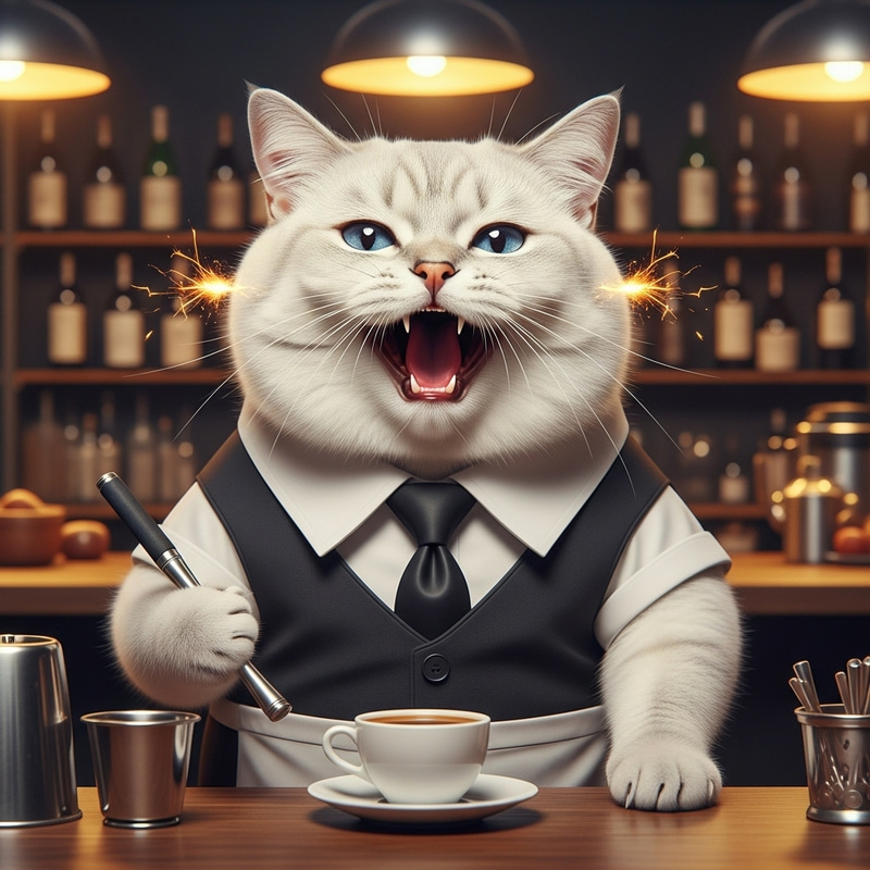 Realistic British Cat in White Waiter Costume Laughing at Café Realistic British Cat in White Waiter Costume Laughing at Café