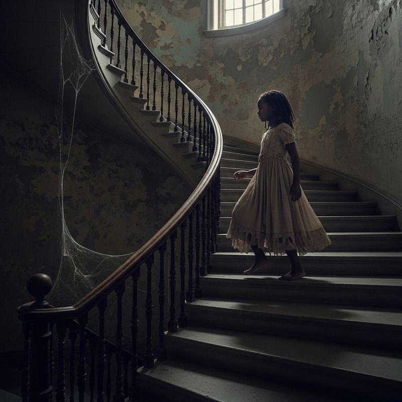 African American Ghost Girl Climbing Spiral Staircase