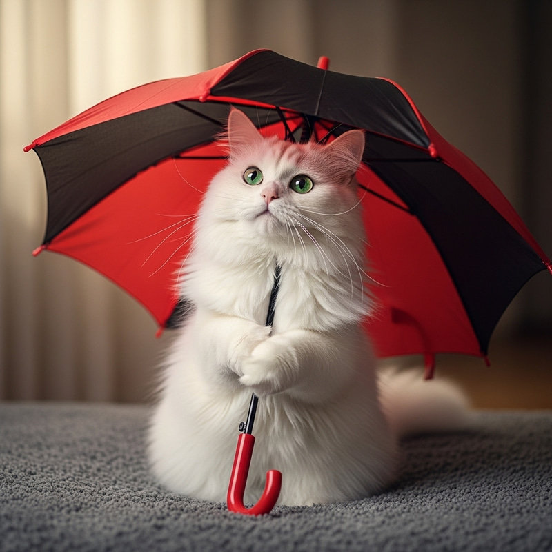 Clever White Cat with Umbrella