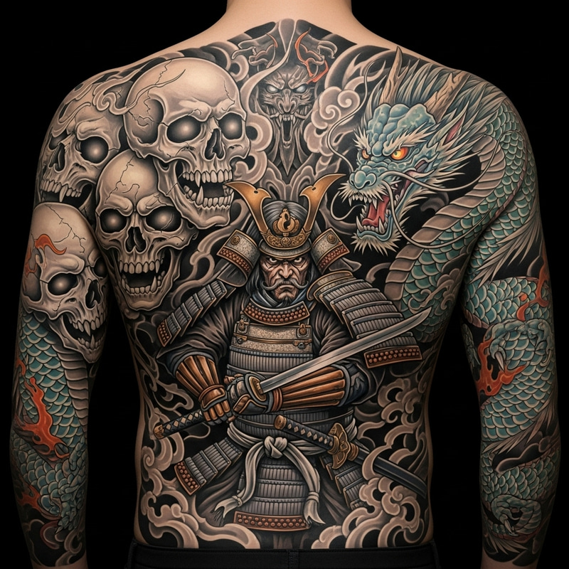 Intricate Back Tattoo: Samurai, Skulls, Dragons & Body Art