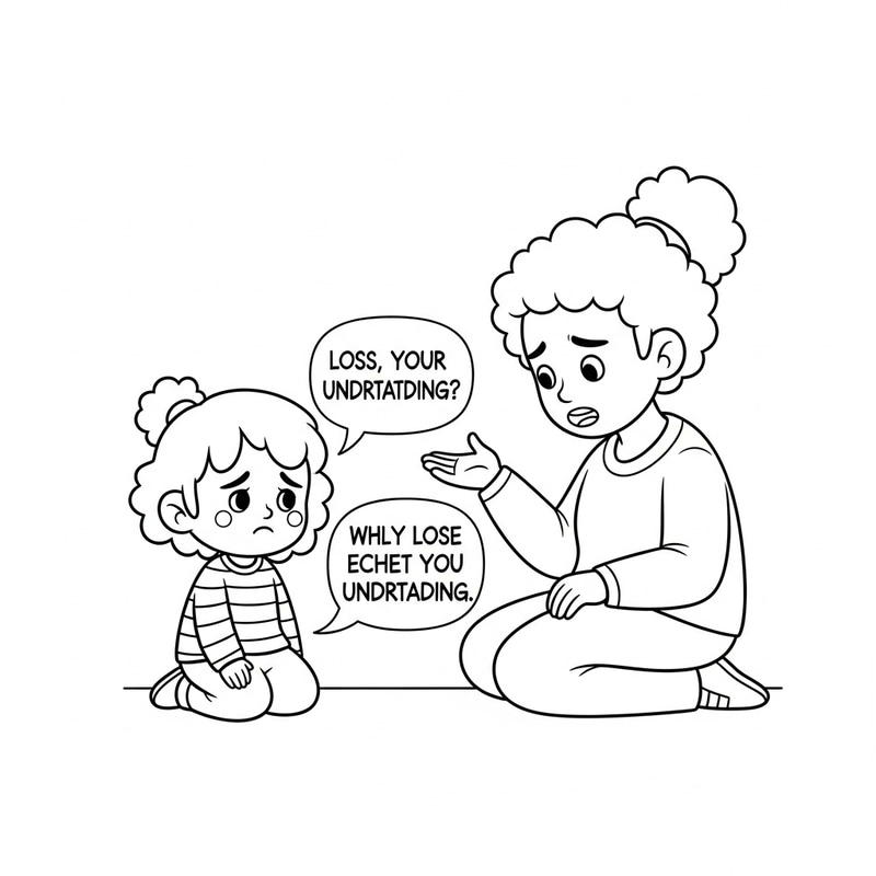 Whimsical Cartoon Coloring Page: Child's Sad Loss Conversation