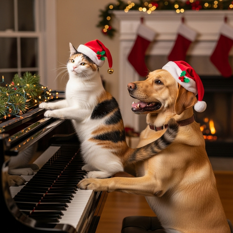 Happy Cat, Three-color Cat, and Labrador Dog Playing Piano in Christmas Hats Happy Cat, Three-color Cat, and Labrador Dog Playing Piano in Christmas Hats