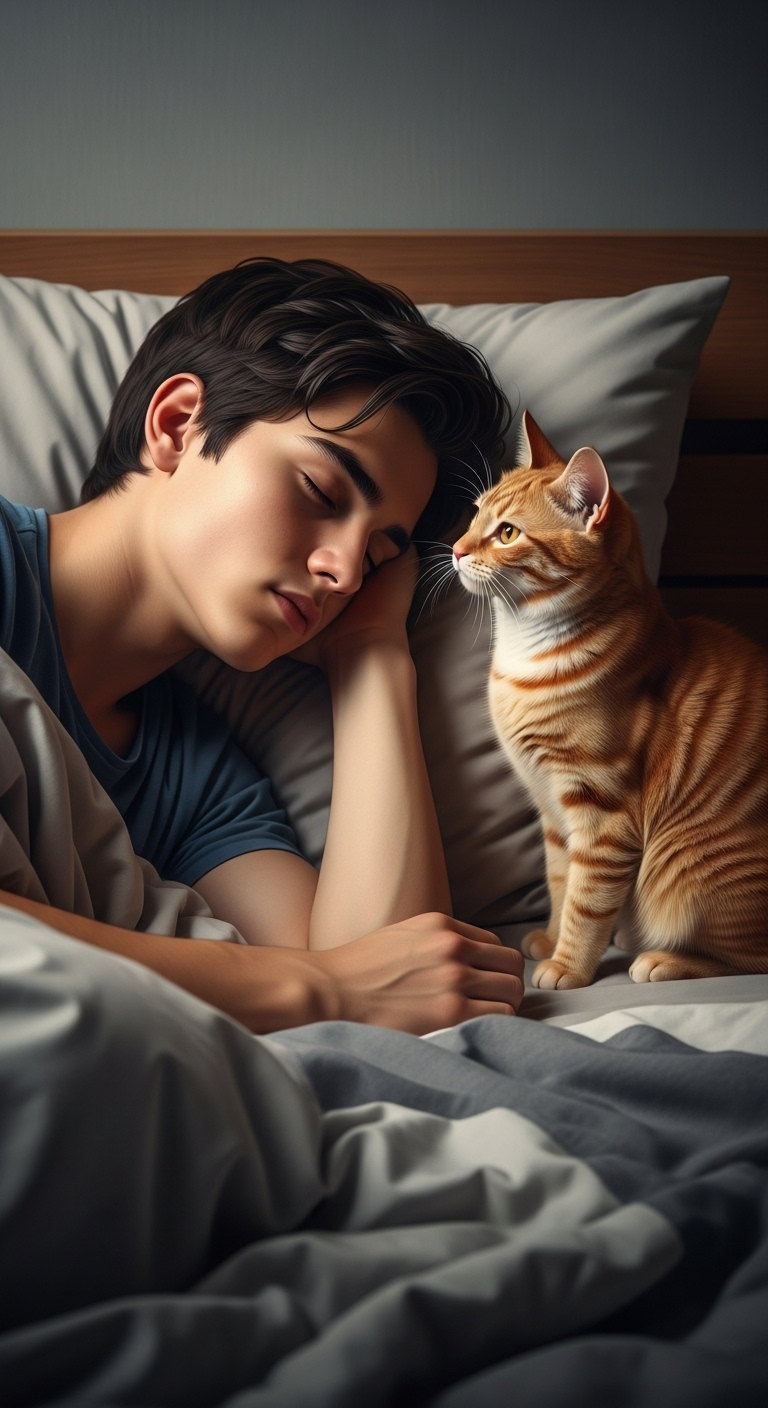 Realistic Image of Sleeping 15-Year-Old Boy and Ginger Cat Realistic Image of Sleeping 15-Year-Old Boy and Ginger Cat