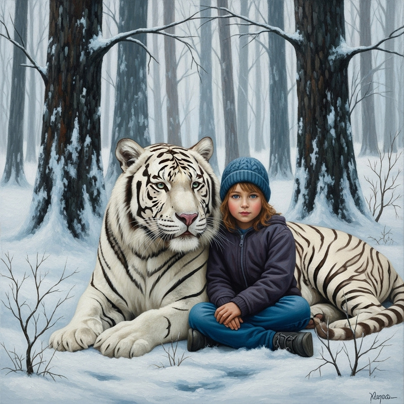 Magical Encounter: Child and White Tiger Bonding in Snowy Forest