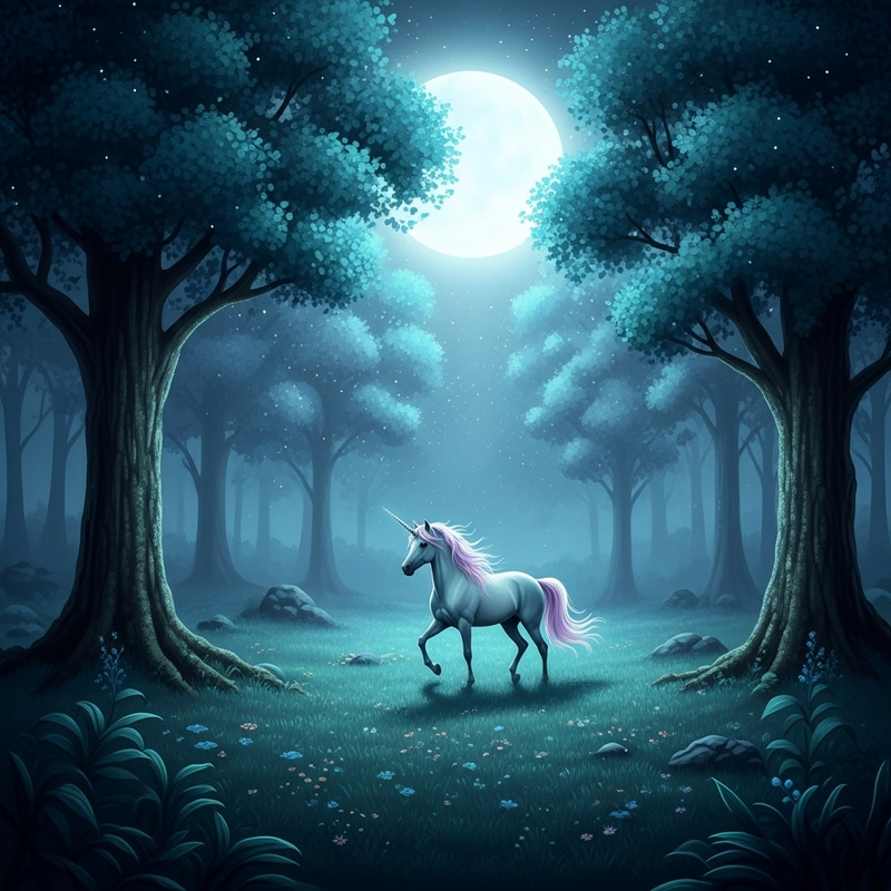 Enchanting Mystical Forest & Unicorn Prancing Under Moonlit Sky Enchanting Mystical Forest & Unicorn Prancing Under Moonlit Sky