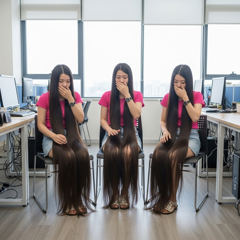 Sunlit Office with Asian Teenage Girls in Pink T-Shirts Sunlit Office with Asian Teenage Girls in Pink T-Shirts