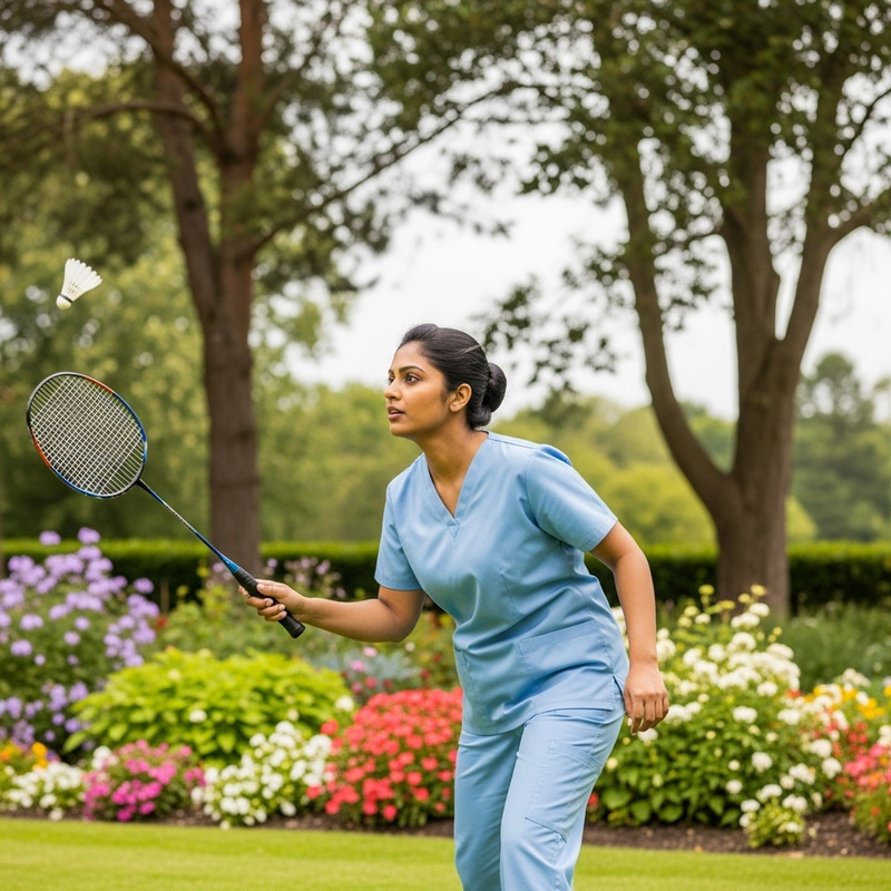 Nurse Playing Badminton: Focus and Fun in Nature