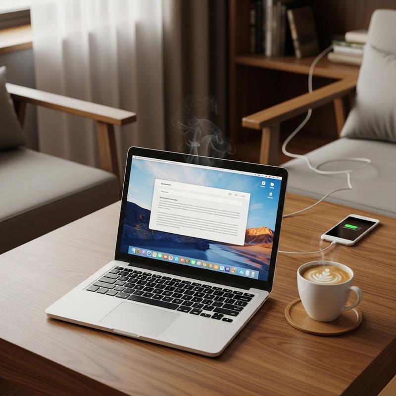 Cozy Workspace with Laptop, Coffee, and iPhone Charging Station