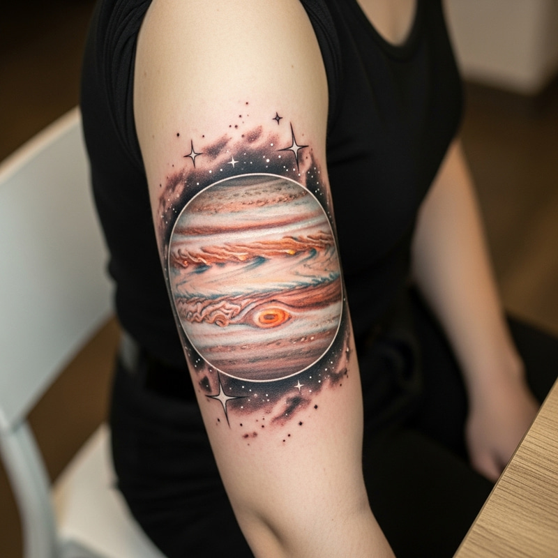 Jupiter Tattoo: Swirling Storm Patterns and Cosmic Atmosphere Design Jupiter Tattoo: Swirling Storm Patterns and Cosmic Atmosphere Design