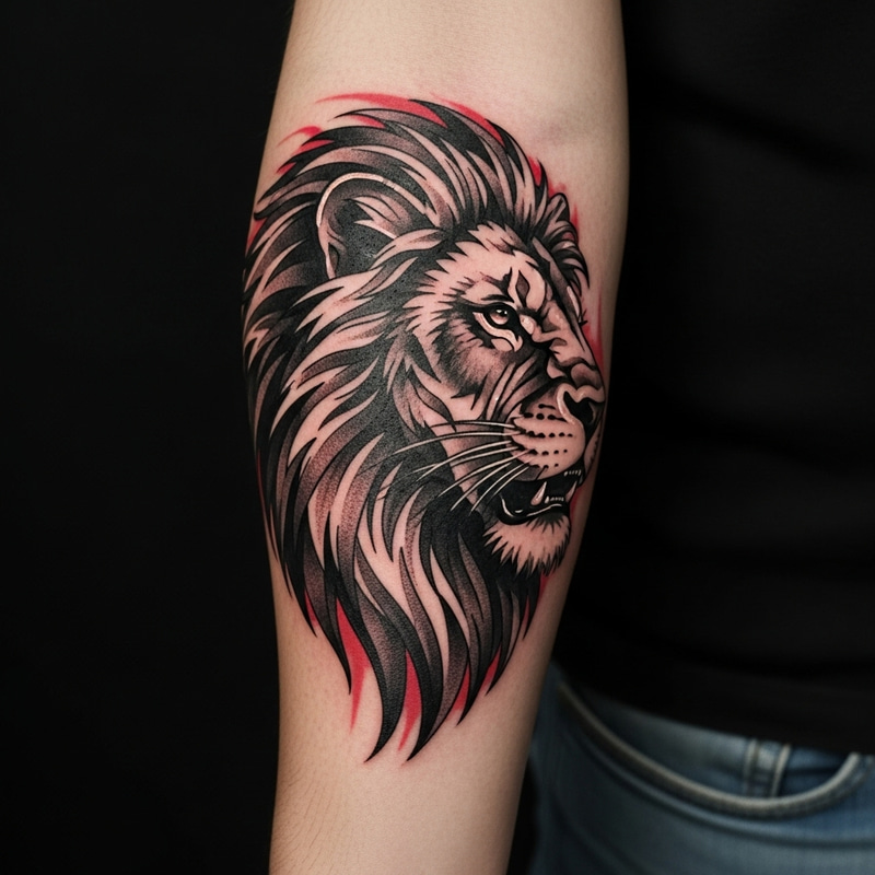 Powerful Lion Tribal Tattoo for Lower Arm Placement Powerful Lion Tribal Tattoo for Lower Arm Placement