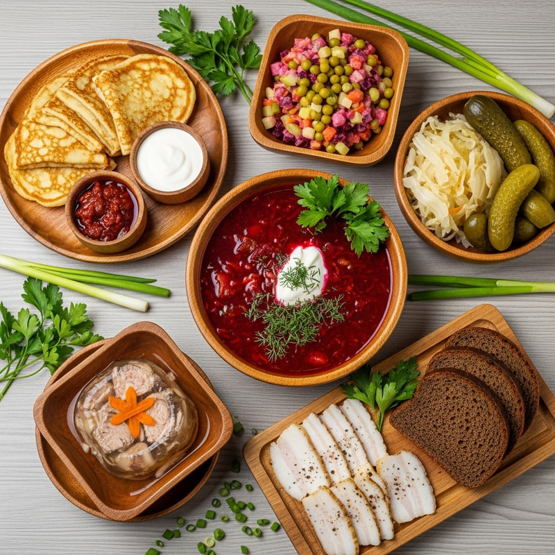 Traditional Ukrainian Cuisine on Wooden Tableware - Top View Traditional Ukrainian Cuisine on Wooden Tableware - Top View