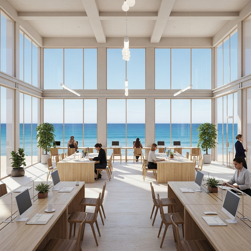 Beachfront Coworking Space: Minimalist Oasis with Ocean Views