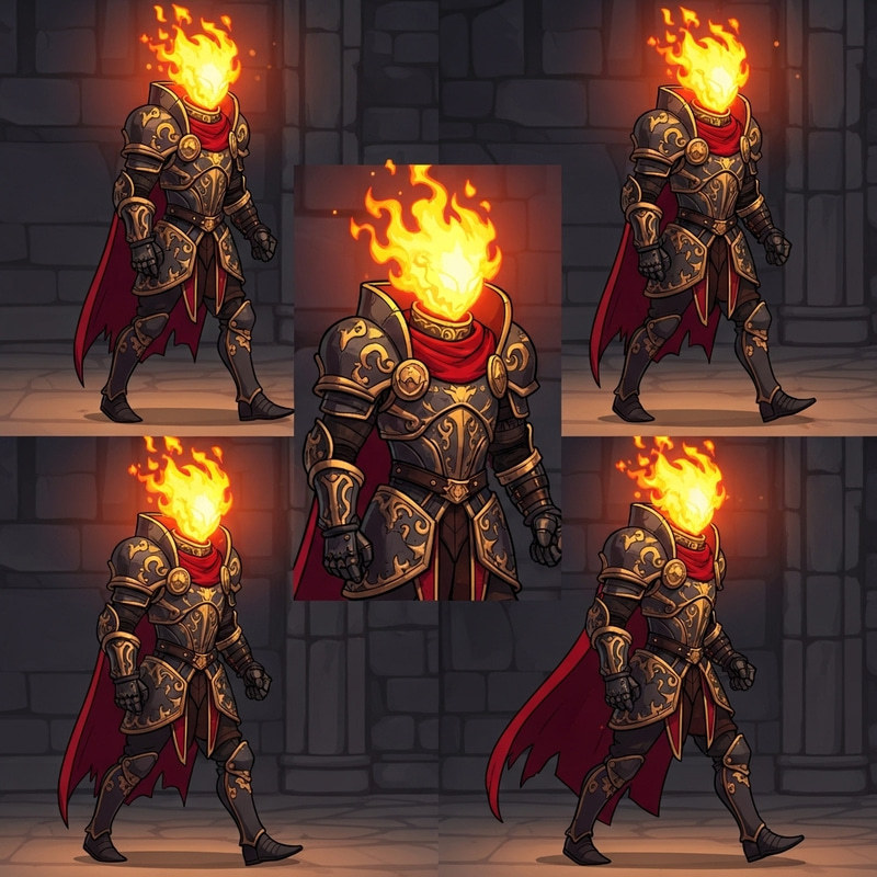 Medieval Style 2D Character Design with Fiery Head and Magical Energy Medieval Style 2D Character Design with Fiery Head and Magical Energy