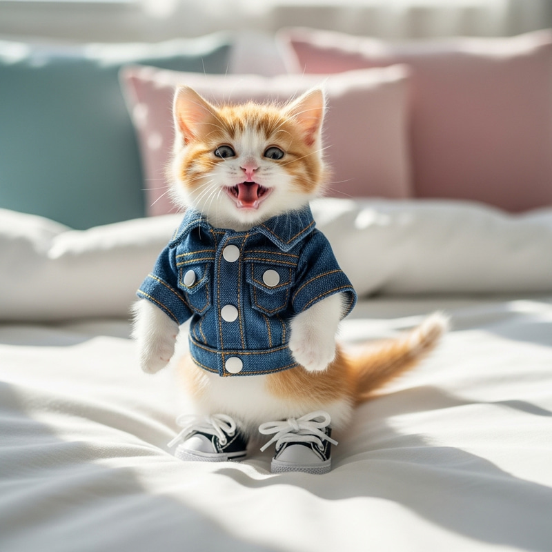 Realistic Kitten in Stylish Outfit Expressing Joy on Bed Realistic Kitten in Stylish Outfit Expressing Joy on Bed