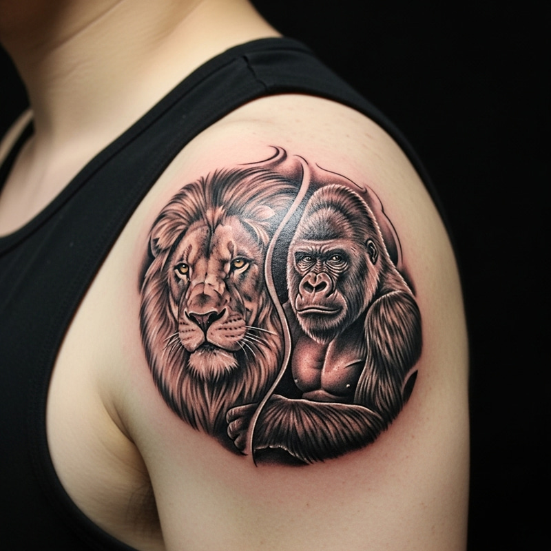 Intricately Designed Men's Lion and Gorilla Shoulder Tattoo Intricately Designed Men's Lion and Gorilla Shoulder Tattoo