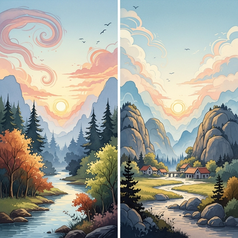 Tranquil Watercolor Landscape Painting of Serene Nature Scenes