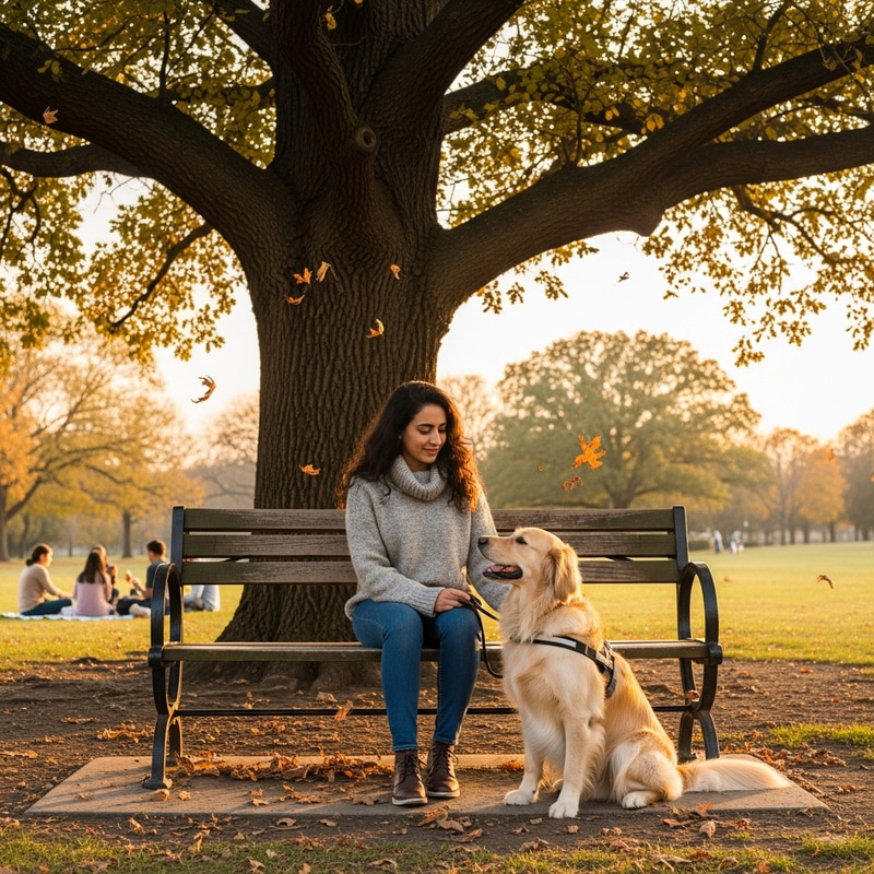 Middle-Eastern Woman with Golden Retriever in Autumn Park - Tranquil Scene with Loving Pet Companion Middle-Eastern Woman with Golden Retriever in Autumn Park - Tranquil Scene with Loving Pet Companion