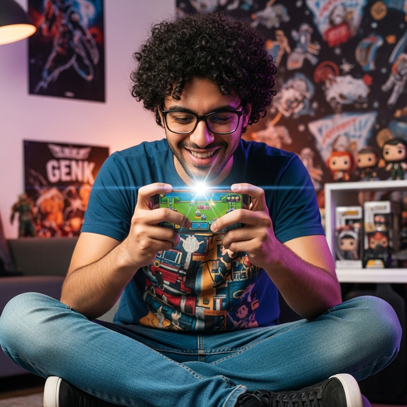 Curly Hair Guy Playing Mobile Games: Gamer's Delight