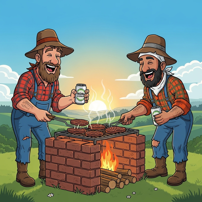 Cartoon Hillbillies Grilling Meat on Brick BBQ Pit Cartoon Hillbillies Grilling Meat on Brick BBQ Pit