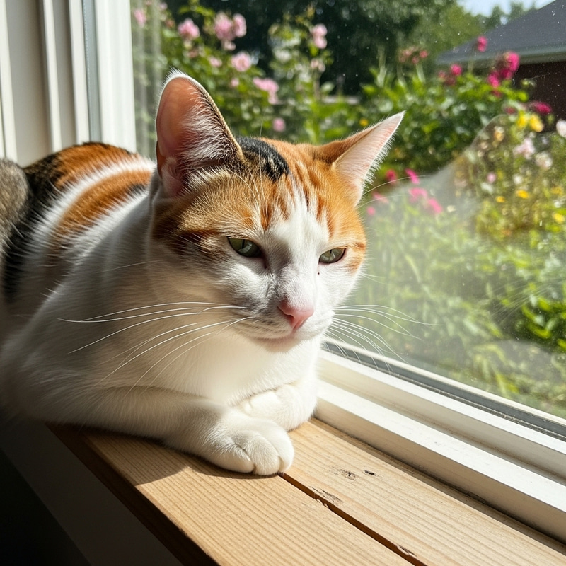 Beautiful Calico Cat Soaking Up Morning Sunlight Beautiful Calico Cat Soaking Up Morning Sunlight