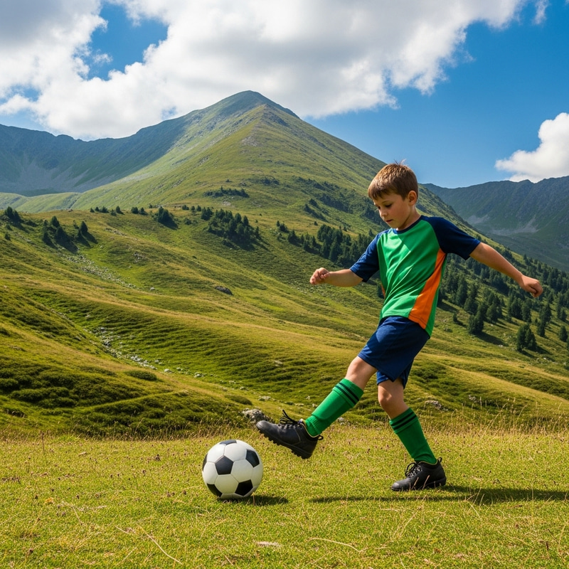 Young Boy Playing Football in Serene Mountain Setting Young Boy Playing Football in Serene Mountain Setting