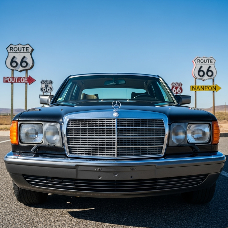 Mercedes W126 Front on Road 66 - Classic Luxury Car View Mercedes W126 Front on Road 66 - Classic Luxury Car View