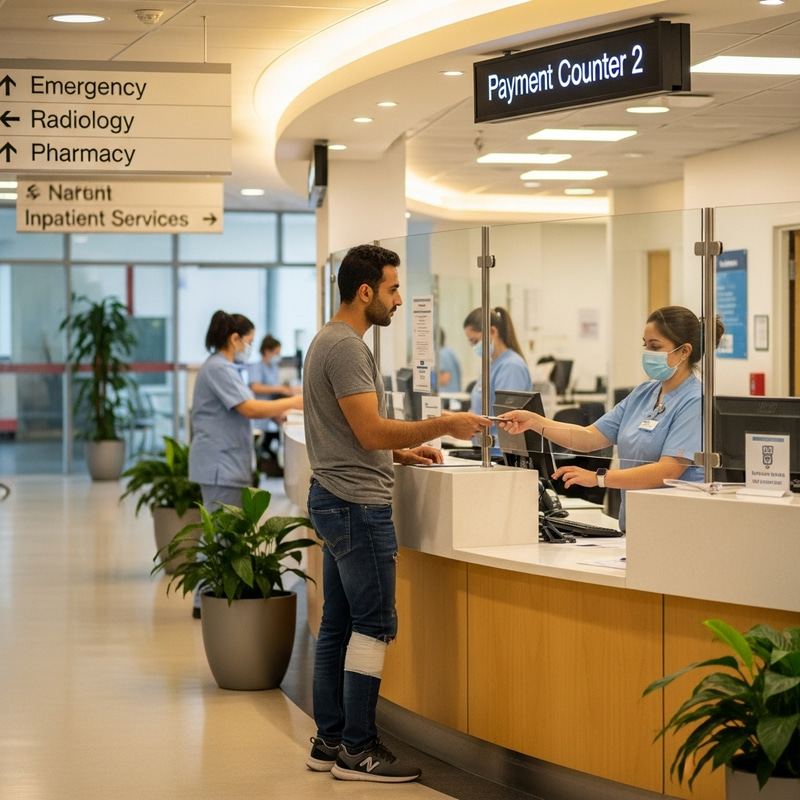 Man Paying for Treatment at Hospital | Knee Injury Scene Man Paying for Treatment at Hospital | Knee Injury Scene