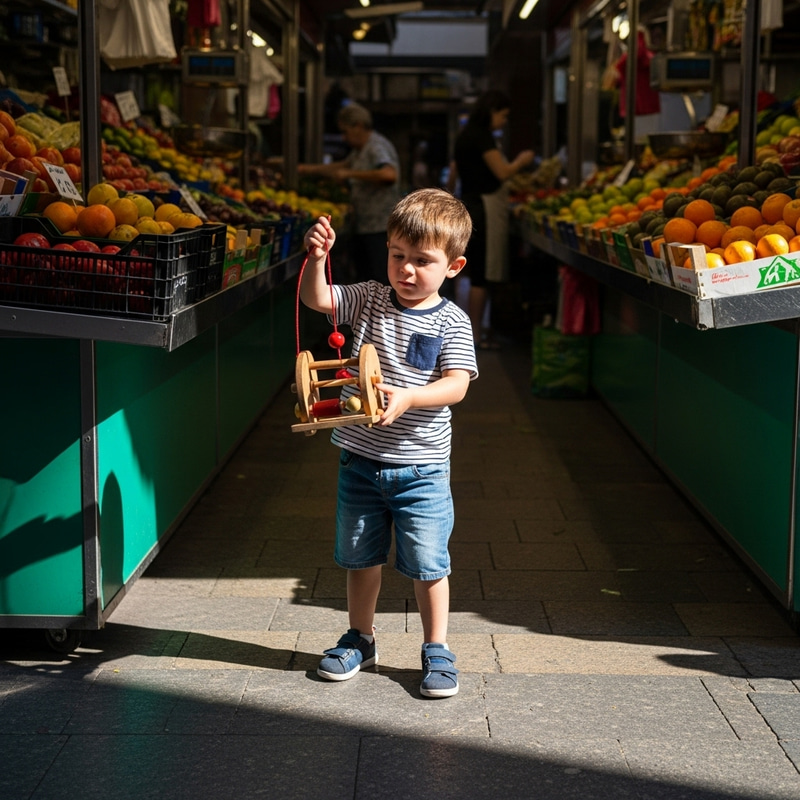 Spanish Boy Playing with Traditional Wooden Toy in Local Market Spanish Boy Playing with Traditional Wooden Toy in Local Market