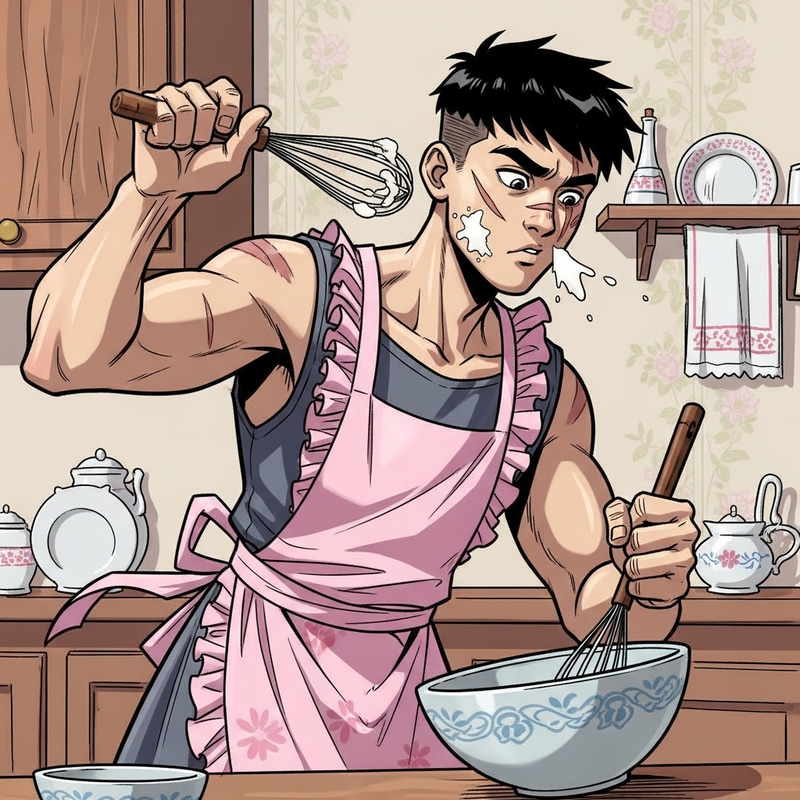 Fictional Young Man from Jujutsu Cooking in Feminine Attire Fictional Young Man from Jujutsu Cooking in Feminine Attire