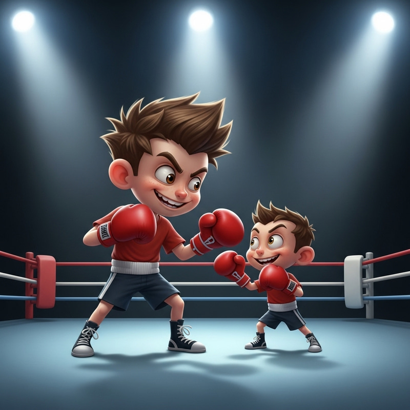 Mischievous Boy and Impish Character Playful Boxing Match Mischievous Boy and Impish Character Playful Boxing Match