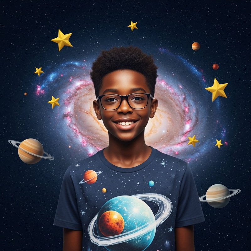 African American Teen in Cosmic Galaxy with Glasses | Space-Themed T-Shirt African American Teen in Cosmic Galaxy with Glasses | Space-Themed T-Shirt