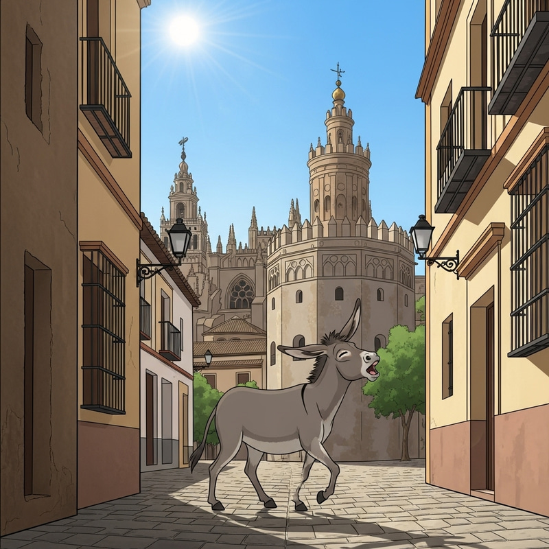 Cartoon Donkey Strolling in Seville | Historical Landmarks Cartoon Donkey Strolling in Seville | Historical Landmarks