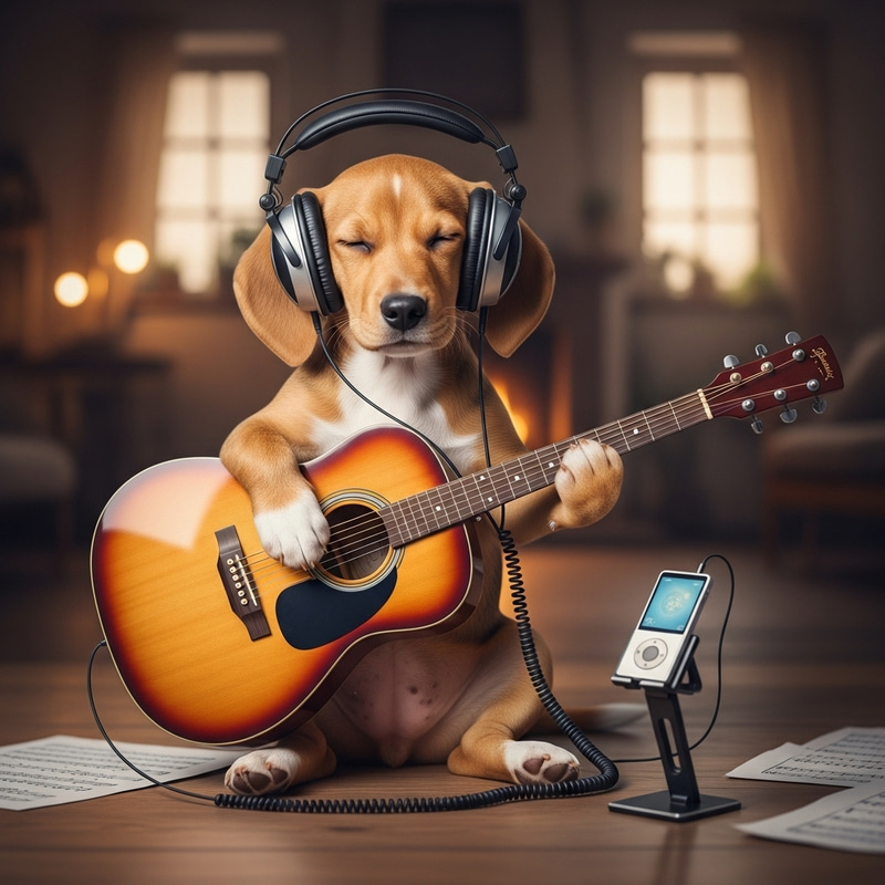 Professional Puppy Playing Guitar with Headphones Professional Puppy Playing Guitar with Headphones