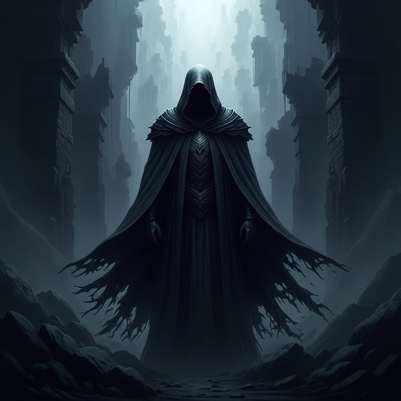 Mysterious Dark Cloaked Figure in Fantasy Scene Mysterious Dark Cloaked Figure in Fantasy Scene