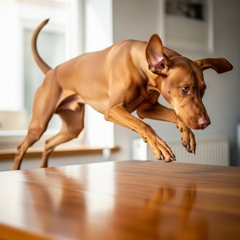 Playful Dog Jumping on Table