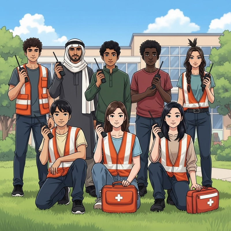 Diverse Group of Seven School Guardians Protecting School Grounds