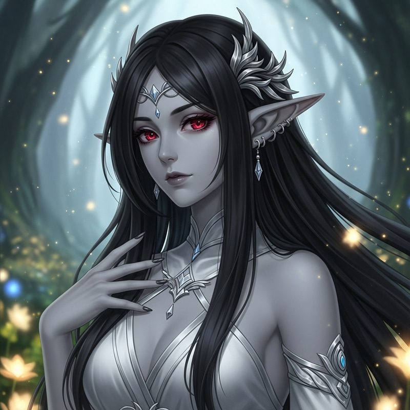 Ethereal Grey-Skinned Elf Woman with Ruby Red Eyes