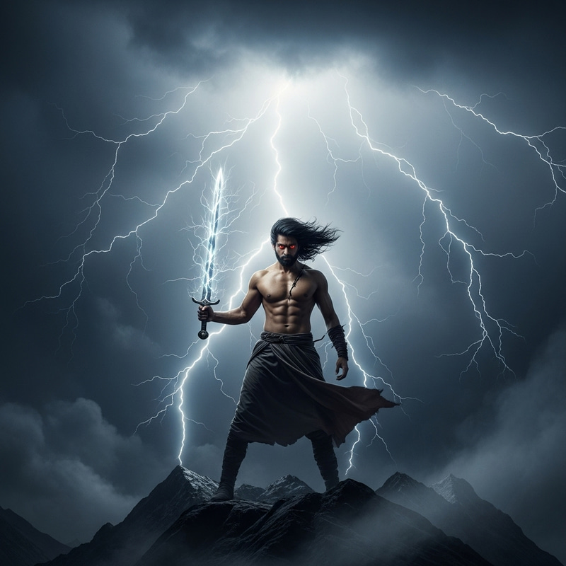 Shirtless Lightning Warrior on Stormy Mountain | Epic Scene Shirtless Lightning Warrior on Stormy Mountain | Epic Scene