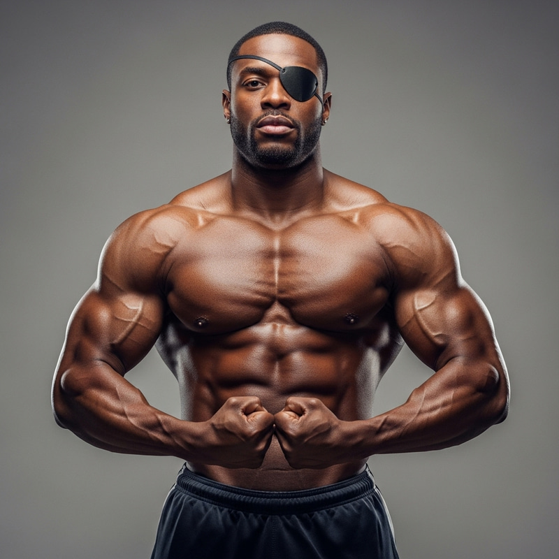 African American Man without Eye: Black, Muscle Power