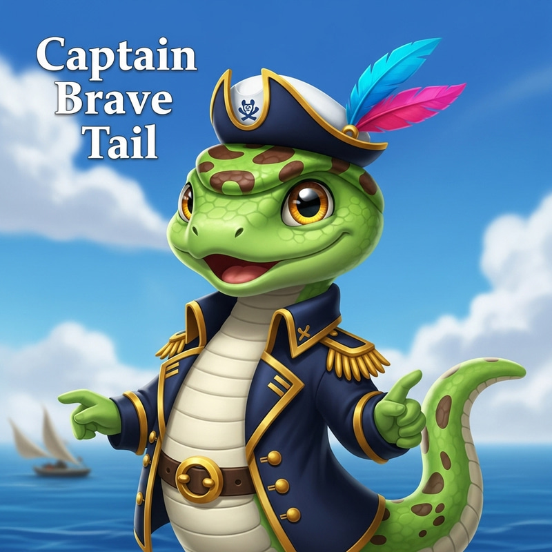 Captain Brave Tail - Bright Green Snake Captain with Cheerful Twinkle Eyes Captain Brave Tail - Bright Green Snake Captain with Cheerful Twinkle Eyes