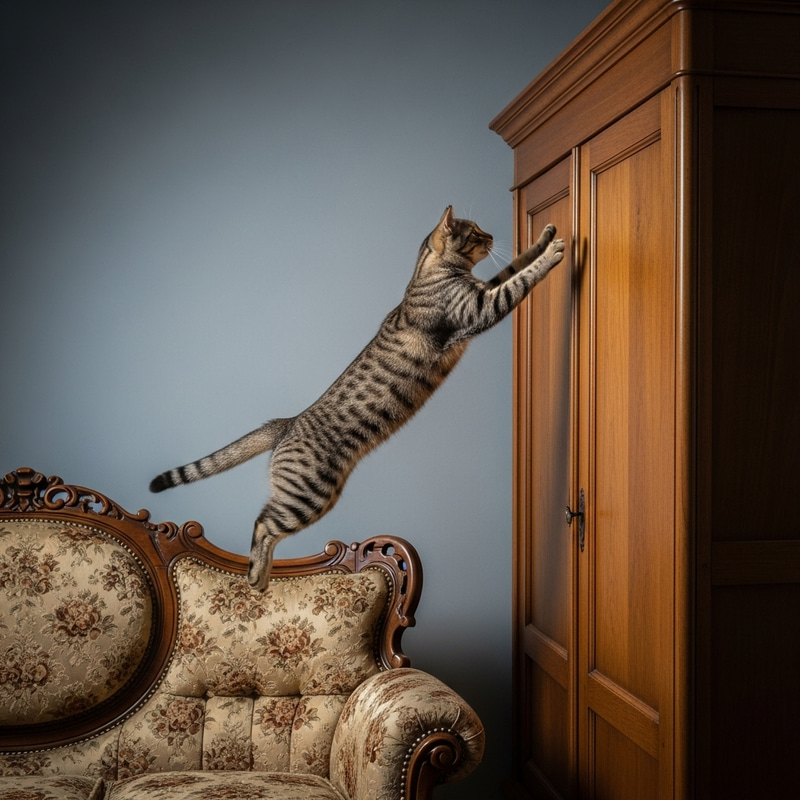 Feline Mid-Leap to Vintage Wardrobe | Cinematic HD Image Feline Mid-Leap to Vintage Wardrobe | Cinematic HD Image