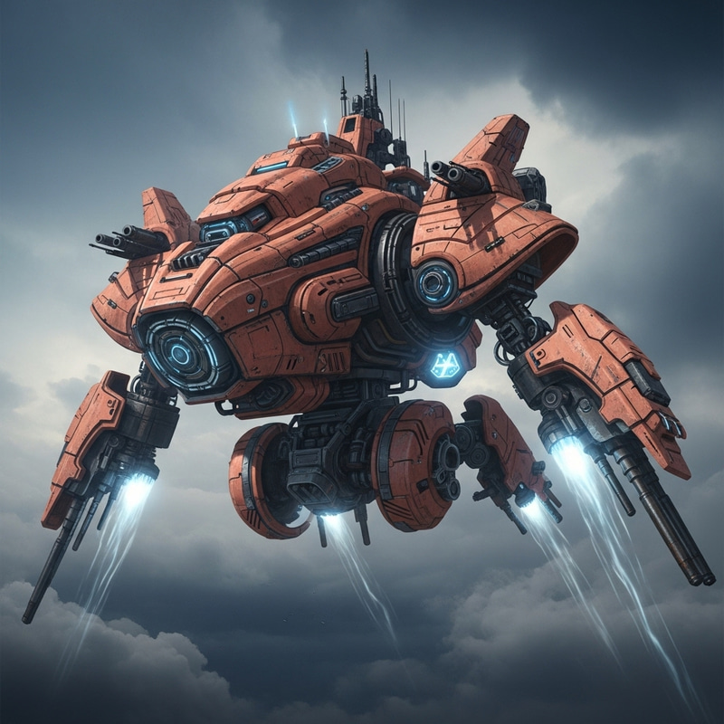 Flying Apocalypse Machine - Colossal Mechanical Contraption Soaring in Terra Cotta Color