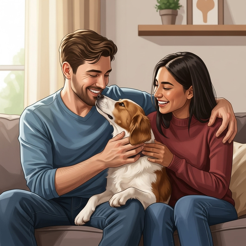 Heartwarming Couch Scene with Couple and Dog Heartwarming Couch Scene with Couple and Dog