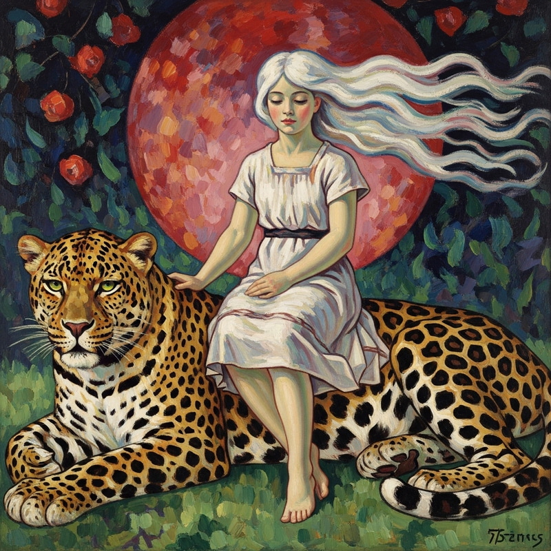 Girl with Flowing White Hair on Leopard in Artsy Pose Girl with Flowing White Hair on Leopard in Artsy Pose