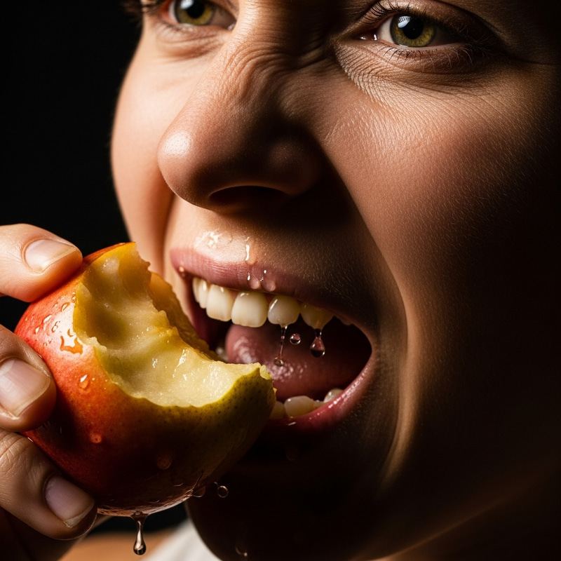 Triumphant Success: Determined Individual Biting Fruit with Dramatic Lighting and High Contrast Triumphant Success: Determined Individual Biting Fruit with Dramatic Lighting and High Contrast