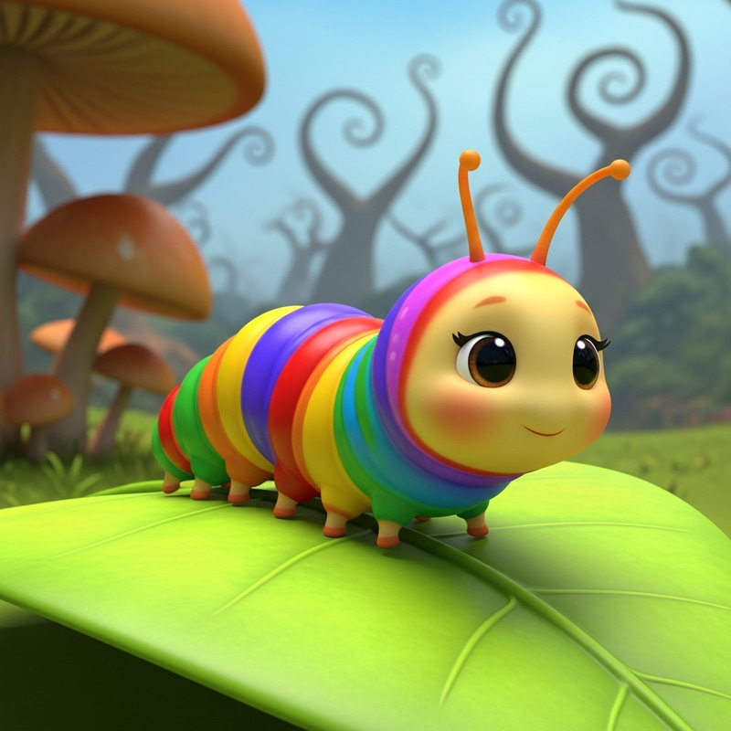 Cheerful Cartoon Caterpillar in a Whimsical Forest Cheerful Cartoon Caterpillar in a Whimsical Forest