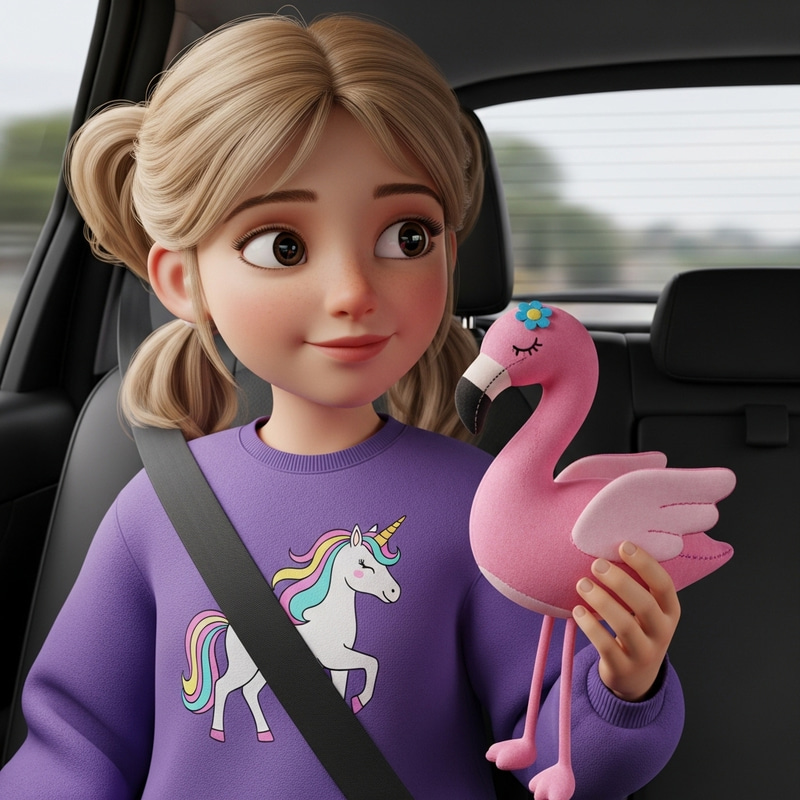 3D Illustration of a Little Girl in a Car