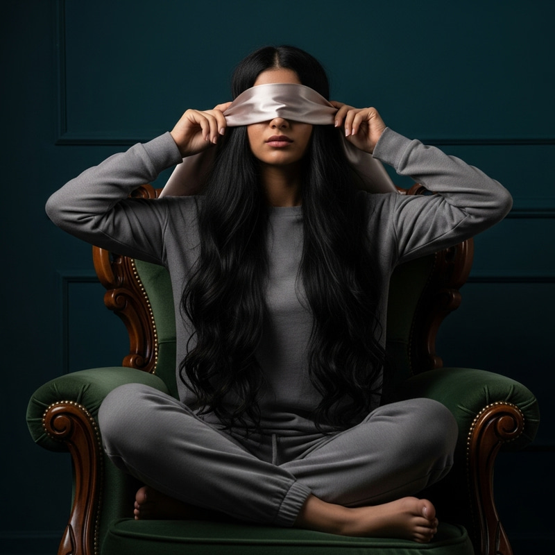 Girl Sitting on Armchair with Covered Eyes