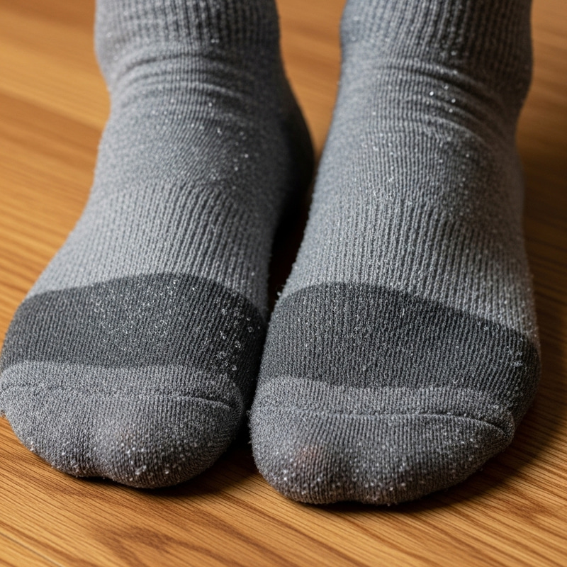 Damp and Soaked Grey Socks After 12-Hour Wear