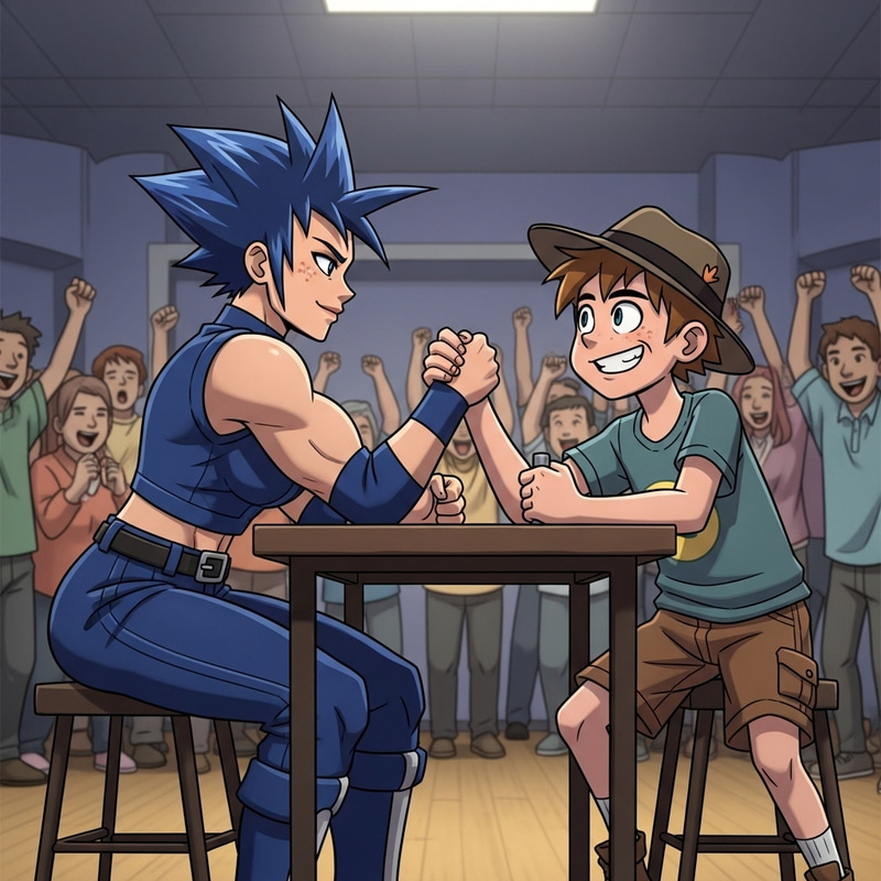Muscular Female vs. Quirky Young Boy: Friendly Arm-Wrestling Competition Muscular Female vs. Quirky Young Boy: Friendly Arm-Wrestling Competition